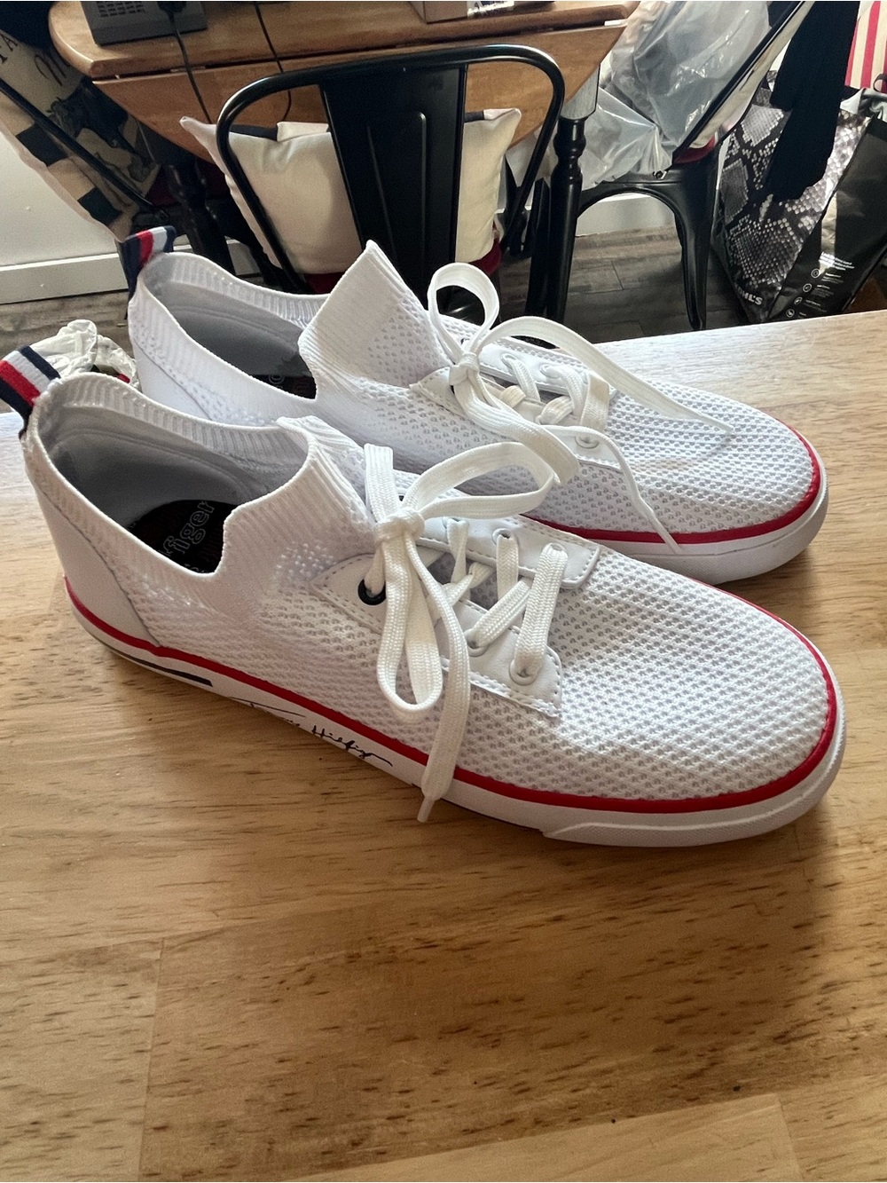 Tommy Hilfiger White Knit Lace-Up Sneakers with Red and Navy Trim